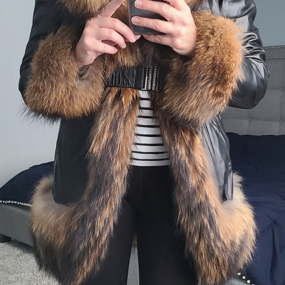 Leather coat with real fur